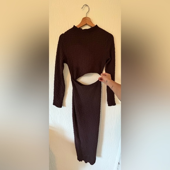 Zara Brown Textured Ruched Maxi Midi Long Sleeve High Neck Stretch Cut Out Dress - Picture 7 of 11